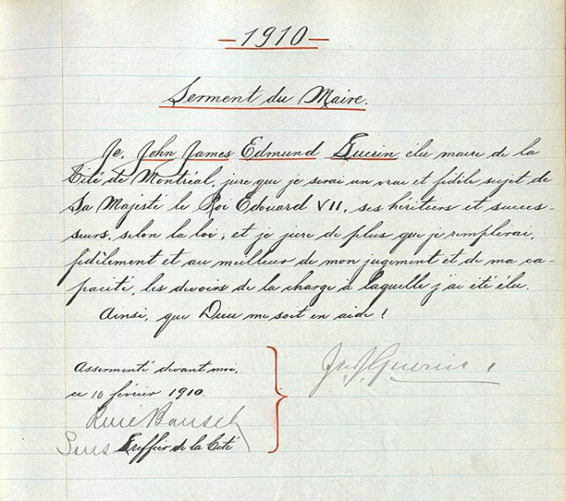 Archives de la Ville de Montréal - Serment du maire James John Edmund Guerin. - 10 février 1910. - 1 page (VM6)